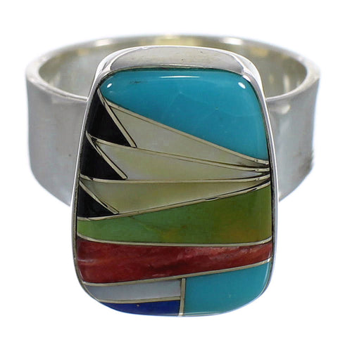 Authentic Sterling Silver Multicolor Inlay Southwestern Ring Size 8 QX77857